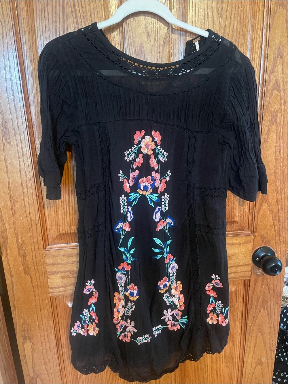 Free People Black Mini Dress with Multicolor Floral Embroidery